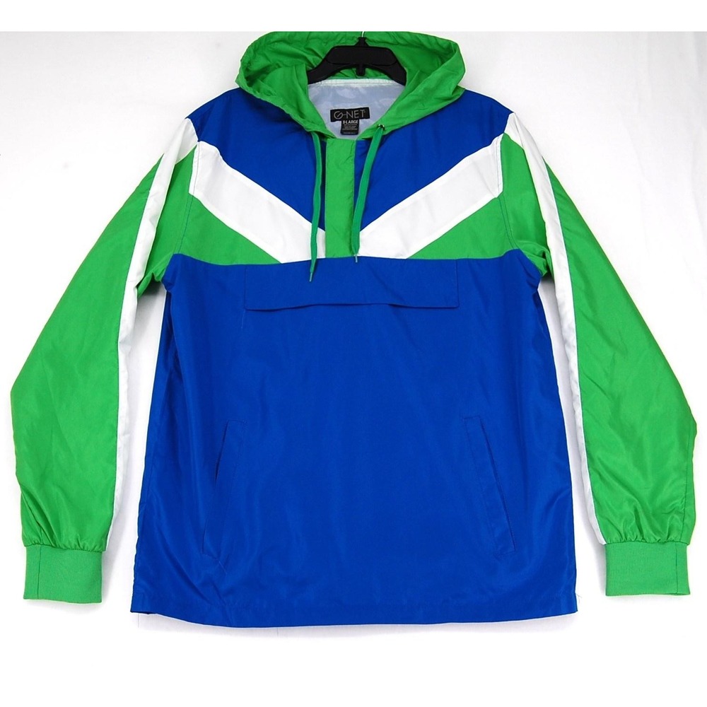 G-NET Windbreaker Jacket Mens XL Blue Green White Colorblock‎ Pullover Hood